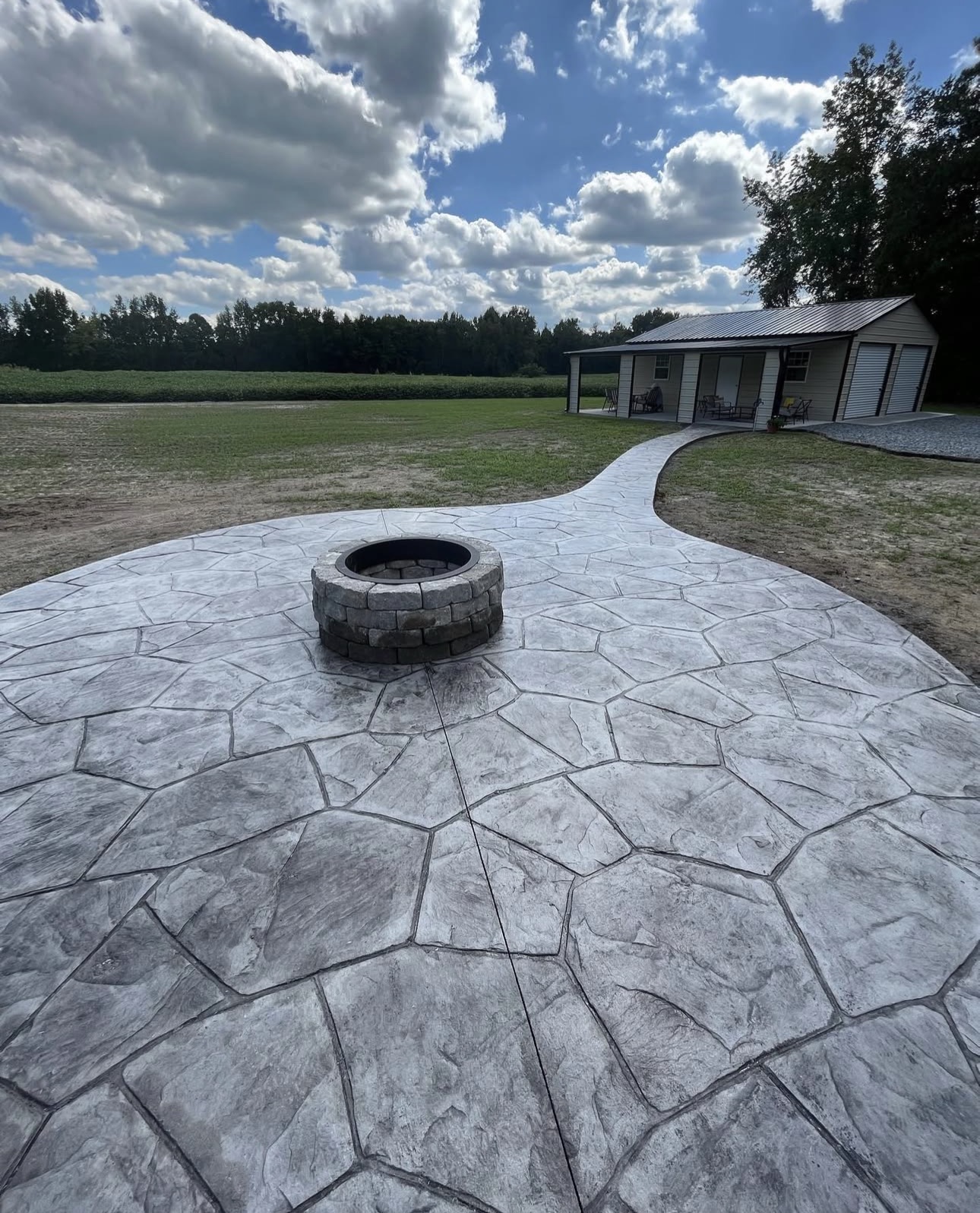 Stamped concrete patio with fire pit