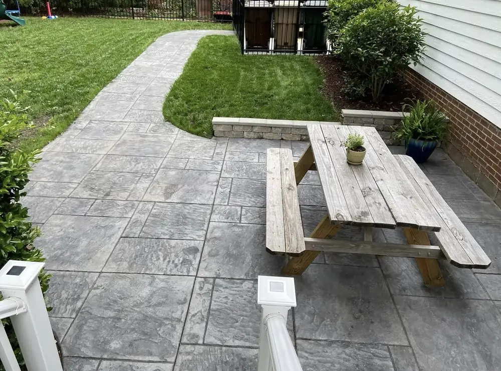 Stamped concrete patio with walkway