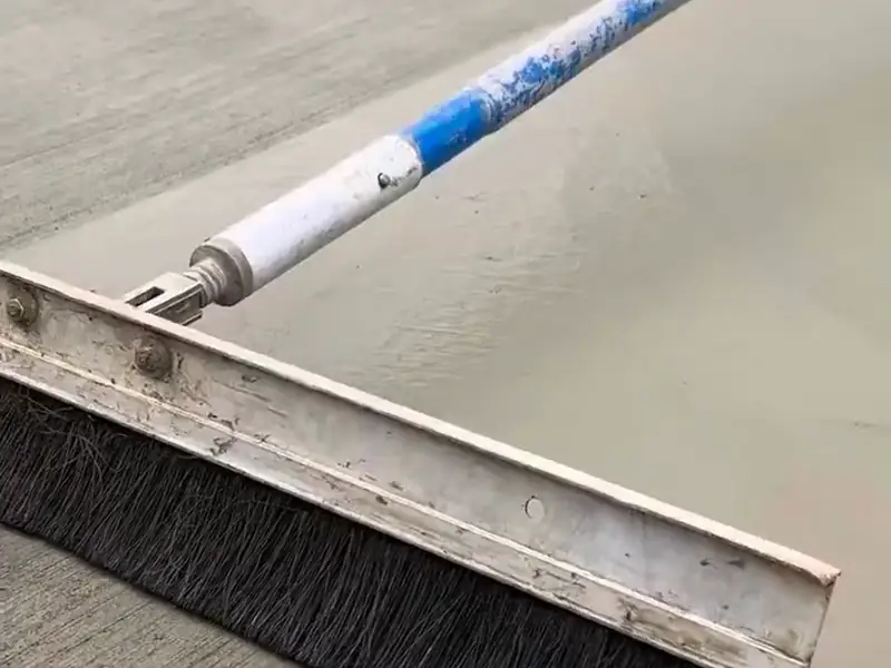 Broom finish being pulled across a fresh concrete slab