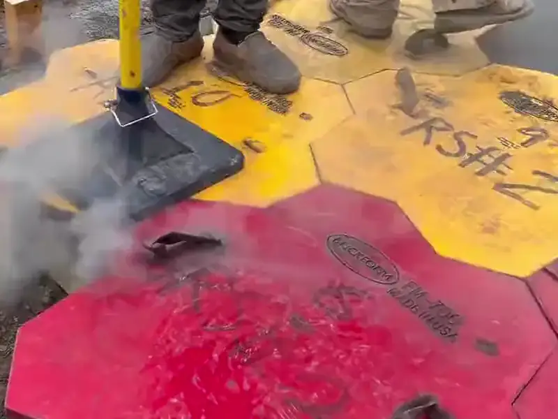 Crew pressing stone-pattern stamp mats into fresh concrete